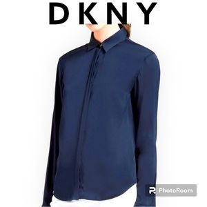 DKNY New Silk Blend Indigo Long Sleeve Button Down Blouse SZ L